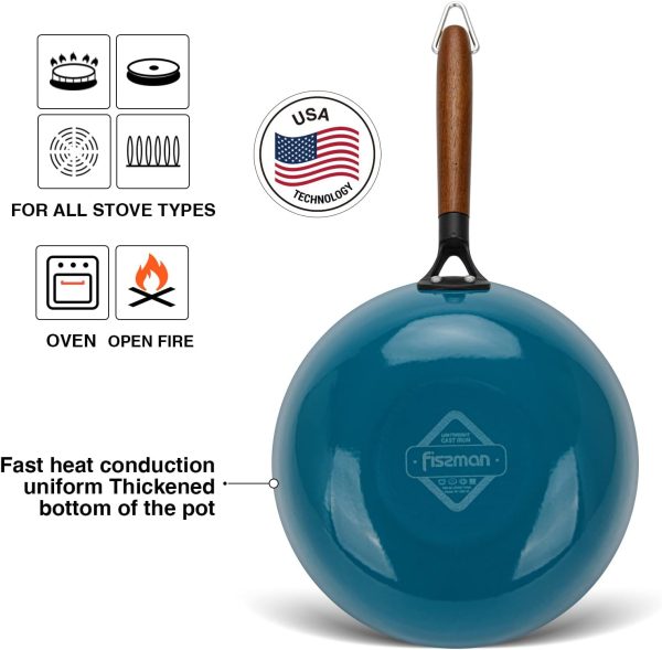 ماهی تابه وک Fissman Cast Iron Wok SEAGREEN 28x8cm/4LTR for Induction Stove, Enamelled Lightweight Cast Iron with Non-Stick Coating, Induction Cookware, Deep Stir-Frying Pan - تصویر 5