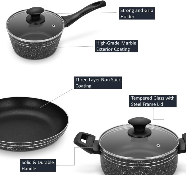 سرویس قابلمه Auroware Non Stick 9 Pcs Cookware Set Black, Pressed Aluminum, Kitchen Induction ready, Dishwasher safe with Frying pan and Wooden tools - تصویر 5