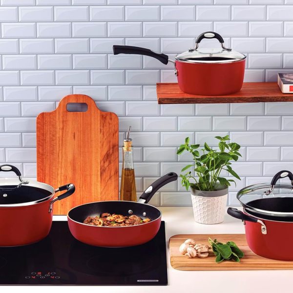 سرویس قابلمه Tramontina Monaco Induction 7 Pieces Aluminum Cookware Set with Interior Starflon Premium PFOA Free Nonstick Coating and Exterior Red Silicon Coating - تصویر 6