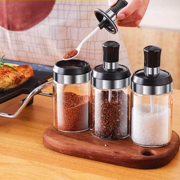 سرویس ادویه جات Glass Spice Jars Seasoning & Condiment bottle, Combination Spoon and Lid Design, Salt Sugar and ketchup Canning Jar for Home and Kitchen 9.5OZ,250ML (Spice Jars Set of 3) - تصویر 6