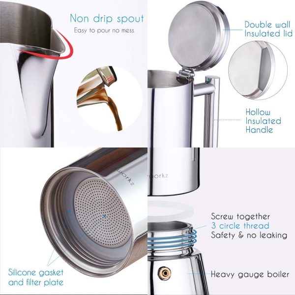 قهوه جوش Easyworkz Diego Stovetop Espresso Maker Stainless Steel Italian Coffee Machine Maker 10-12Cup 520ml Induction Moka Pot - تصویر 6