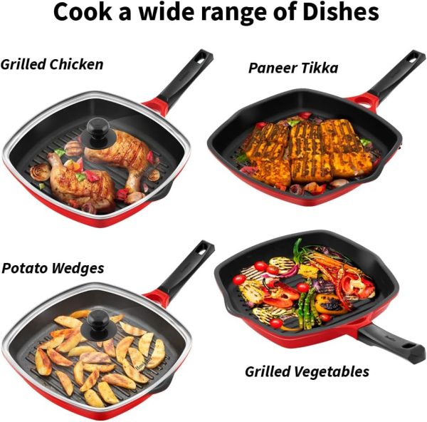 ماهی تابه Hawkins 30 cm Grill Pan, Non Stick Die Cast Grilling Pan with Glass Lid, Square Grill Pan for Gas Stove, Ceramic Coated Pan, Roast Pan (DCGP30G) (Red) - تصویر 4