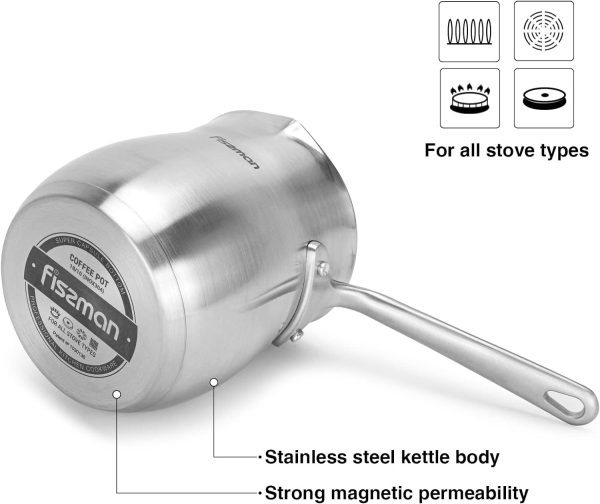 شیرجوش Fissman Stainless Steel Coffee Pot 680ml with Induction Bottom, Turkish Coffee Pot, Butter Cocoa Milk Warmer, Sauce Maker with Spout, Ibrik Cezve Briki Compatible with Gas, Electric, Glass-Ceramic - تصویر 7