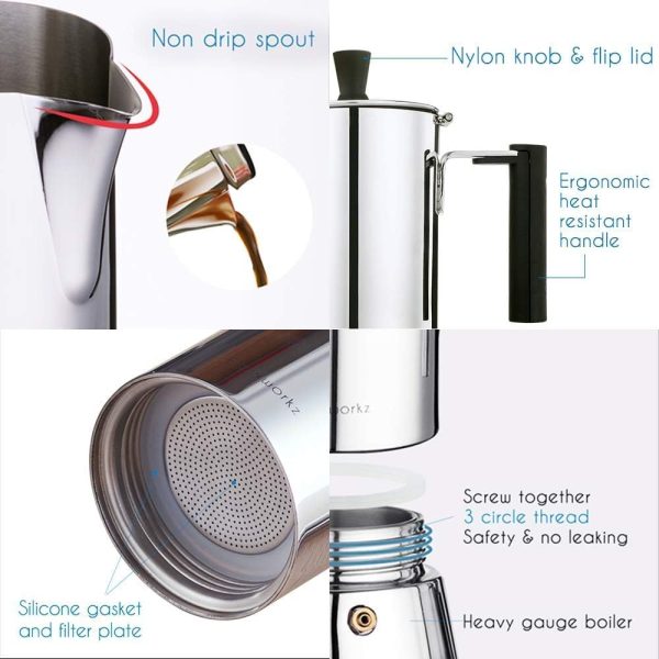 قهوه جوش Easyworkz Pedro Stovetop Espresso Maker Stainless Steel Italian Coffee Machine Maker 6Cup 300ml Induction Moka Pot - تصویر 5