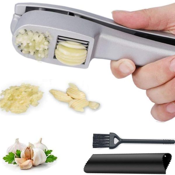 سیر له کن Garlic Press, 2 in 1 Garlic Mince and Garlic Slice with Garlic Cleaner Brush and Silicone Tube Peeler Set. Easy Squeeze, Rust Proof, Dishwasher Safe, Easy Clean.