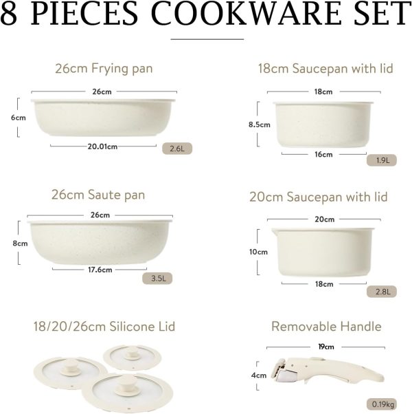 سرویس  قابلمه CAROTE 8pcs Pots and Pans Set, Nonstick Cookware Set Detachable Handle, Induction Kitchen Cookware Sets Non Stick with Removable Handle - تصویر 4
