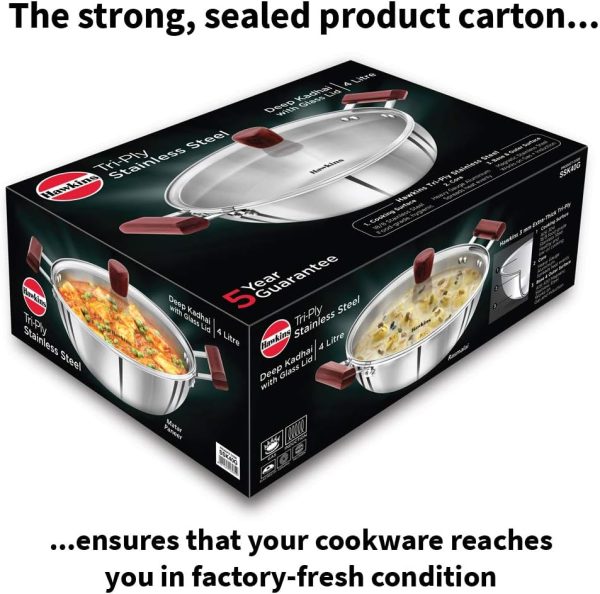 قابلمه Hawkins 4 Litre Deep Kadhai, Triply Stainless Steel Kadai with Glass Lid, Flat Bottom Induction Kadhai, Big Kadai, Silver (SSK40G) - تصویر 6