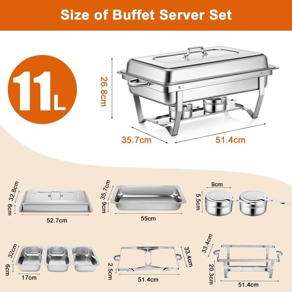 استند وامردار Chafing Dish Buffet Set 11L Catering Server Chafer Food Warmer, Stainless Steel Rectangular Buffet Stove with 3pcs 1/3 Size Food Pans Lid Serving Dishes for Restaurant Wedding Party Hotel Chef Buffet - تصویر 4