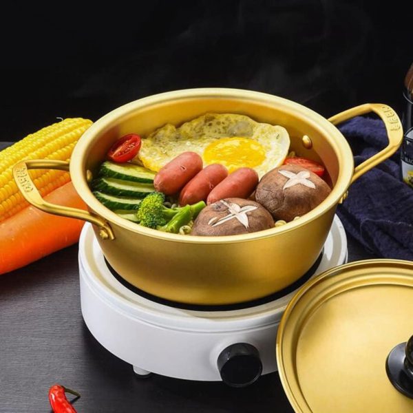 قابلمه 1 Set Korean Cooking Ramen Pot, with 1pair Lid Spoon and Chopsticks, Double Handle Korean Ramen Noodle Pot Korean Stockpots (6inch/ 16cm) - تصویر 7