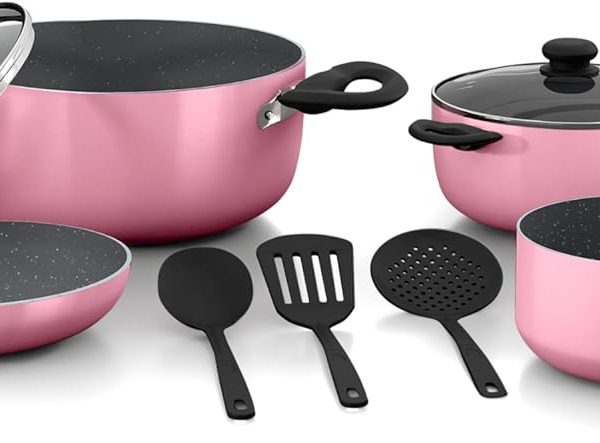 سرویس قابلمه Delici Premium 9-Piece Granite Coated Aluminum Cookware Set (DGAN 9P)- Non-Stick, Oven-Safe, and Durable - Pink and Granite Gray