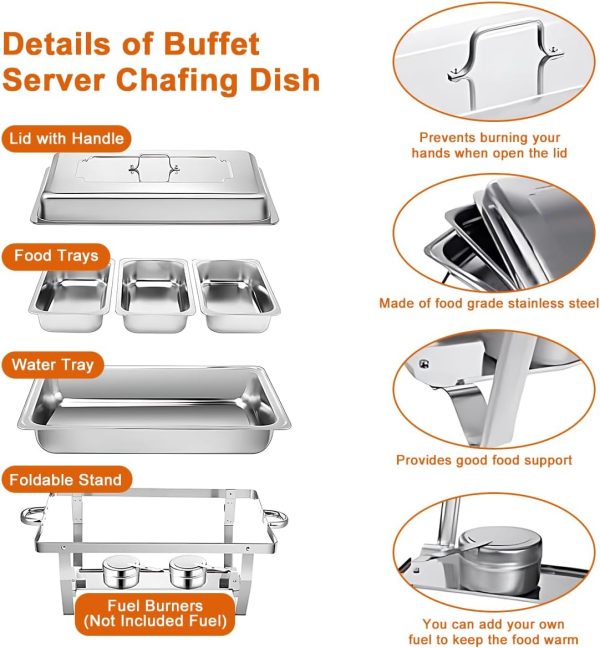 استند وامردار Chafing Dish Buffet Set 11L Catering Server Chafer Food Warmer, Stainless Steel Rectangular Buffet Stove with 3pcs 1/3 Size Food Pans Lid Serving Dishes for Restaurant Wedding Party Hotel Chef Buffet - تصویر 6