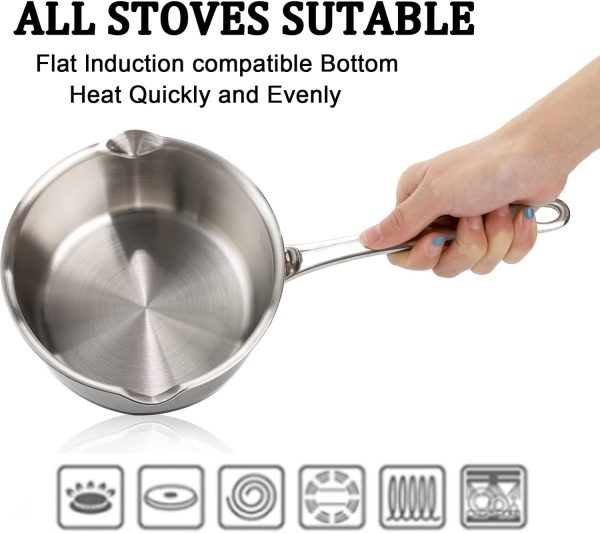 شیرجوش DEAYOU 18/10 Stainless Steel Butter Warmer Pan, 0.8-Quart Measuring Saucepan with Dual Pour Spout, Small Milk Butter Melting Pot, Induction Heavy Bottom Sauce Pan for Stove Top, Soup, Chocolate, 25OZ - تصویر 5