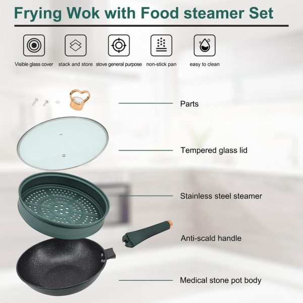 ماهی تابه وک 32cm Multipurpose Woks & Stir-Fry Pans with Glass Lid Steamer Handle, Nonstick Medical Stone for All Stoves - تصویر 5