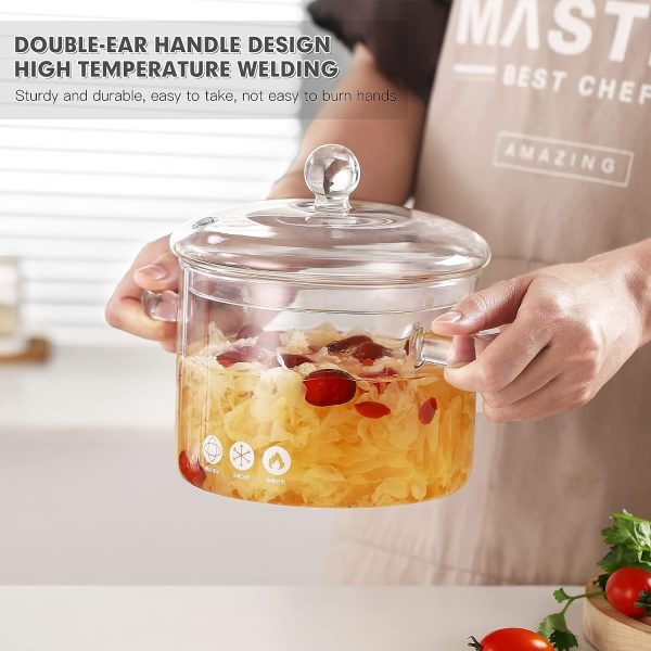 قابلمه Small Glass Saucepan with Cover - ZDZDZ 1600ML/54oz Thick Glass Cookware Set,Clear Stovetop Cooking Pot - Safe for Pasta Noodle, Soup, Milk - تصویر 6