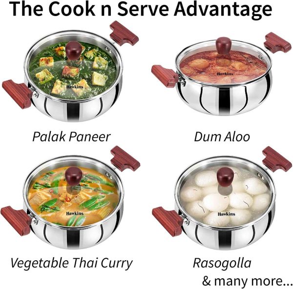 قابلمه Hawkins 3 Litre Cook n Serve Handi, Triply Stainless Steel Handi with Glass Lid, Induction Sauce Pan, Biryani Handi, Saucepan, Silver (SSH30G) - تصویر 7