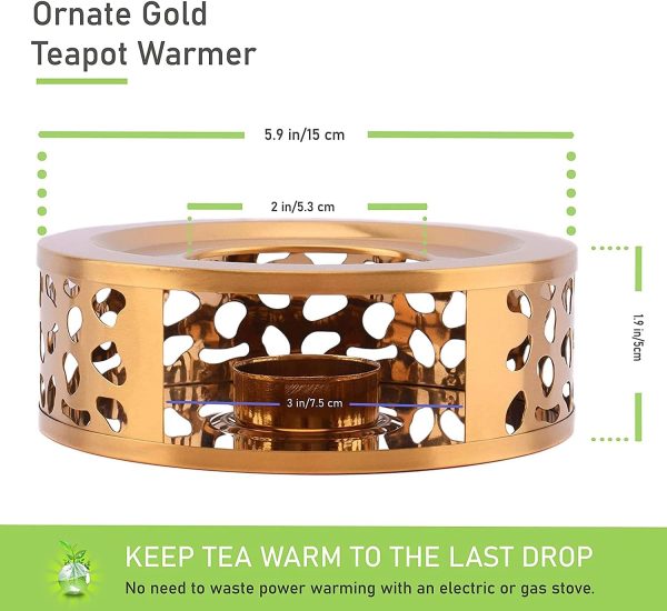استند وارمر Arabest Tea Warmer, Stainless Steel Tea Pot Heater Tea Holder with Candle Holder, Teapot Warmers Tea Pot Heater with Ornate Design for Glass, Ceramic Teapots and Other Heatproof Pots (Gold) - تصویر 8