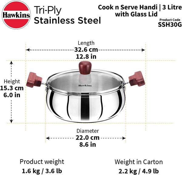 قابلمه Hawkins 3 Litre Cook n Serve Handi, Triply Stainless Steel Handi with Glass Lid, Induction Sauce Pan, Biryani Handi, Saucepan, Silver (SSH30G) - تصویر 8
