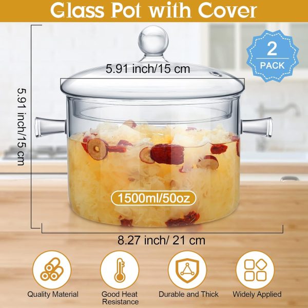قابلمه دوتایی 2 Pcs Glass Pot with Cover Glass Saucepan Stovetop Cooking Pot with Lid and Handle Simmer Pot and Pan Glass Cookware for Pasta Noodle, Soup, Milk, Baby Food (Classic Style, 1.5 L/ 50 oz) - تصویر 7