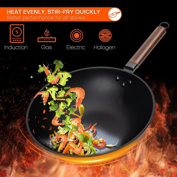 ماهی تابه وک Angju Carbon Steel Wok, 30cm Wok Pan with Lid and Spatula, Nonstick Woks and Stir-fry Pans, No Chemical Coated Flat Bottom Chinese Wok for Induction, Electric, Gas, All Stoves - تصویر 5