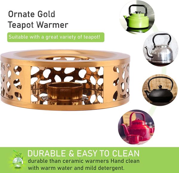استند وارمر Arabest Tea Warmer, Stainless Steel Tea Pot Heater Tea Holder with Candle Holder, Teapot Warmers Tea Pot Heater with Ornate Design for Glass, Ceramic Teapots and Other Heatproof Pots (Gold) - تصویر 5