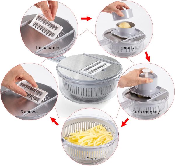 رنده Vegetable Mandoline Slicer, New Upgrade Version 10 in 1 Kitchen Vegetable Cutter and Slicer, Stainless steel Kitchen Multipurpose Julienne Grater with Hand Guard, Drain Basket and Container - تصویر 5