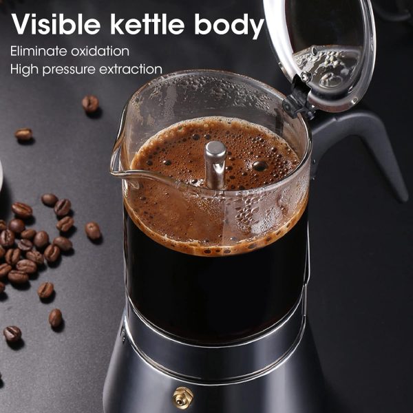 قهوه جوش  Moka Pot, Crystal Glass & Stainless Steel Stovetop Espresso Moka Pot, Espresso Maker, Classic Italian Coffee Maker for Home Coffee Shop Office, Easy to Clean (240ml) Brand: Jiawu - تصویر 3