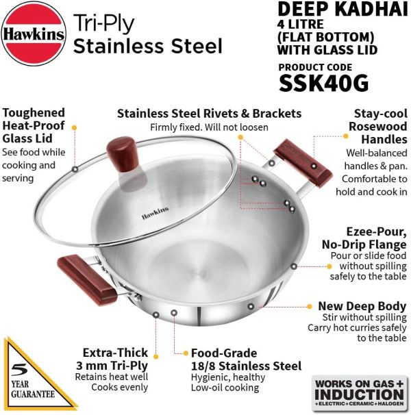 قابلمه Hawkins 4 Litre Deep Kadhai, Triply Stainless Steel Kadai with Glass Lid, Flat Bottom Induction Kadhai, Big Kadai, Silver (SSK40G) - تصویر 8