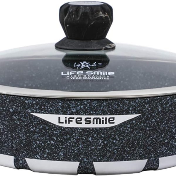 قابلمه LIFE SMILE Shallow Pot with Lid | Non Stick Durable Granite Coating Frying Pan | Oven Safe | Dishwasher Safe | Double Handle (28 CM, Blue)