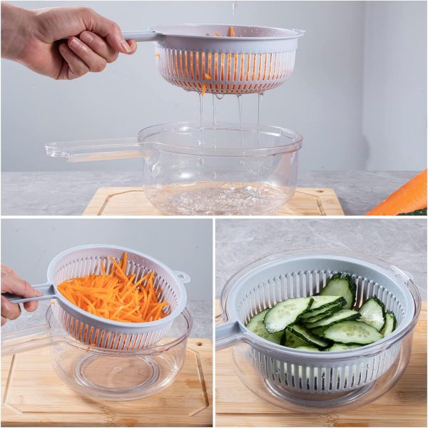 رنده Vegetable Mandoline Slicer, New Upgrade Version 10 in 1 Kitchen Vegetable Cutter and Slicer, Stainless steel Kitchen Multipurpose Julienne Grater with Hand Guard, Drain Basket and Container - تصویر 6