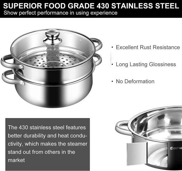قابلمه AMERTEER 2-Tier Stainless Steel Steamer, 7-Inch Multi-Layer Boiler Pot with Handles on Both Sides, Cookware Pot with Glass Lid, Work with Gas, Electric, Grill Stove Top, Dishwasher Safe - تصویر 7