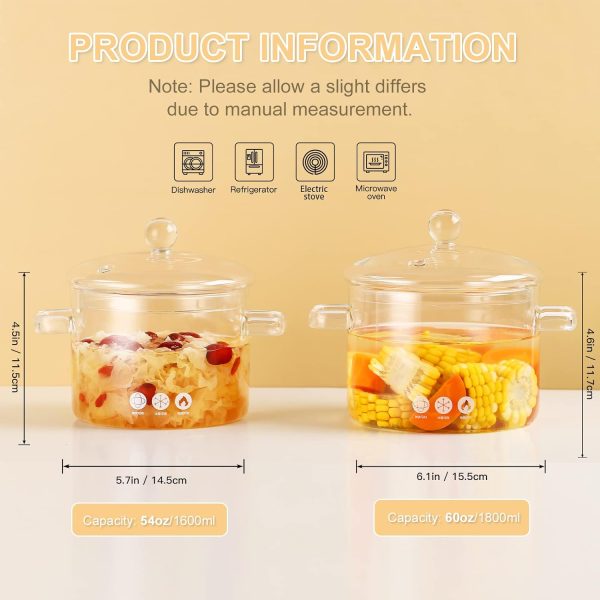 قابلمه Small Glass Saucepan with Cover - ZDZDZ 1600ML/54oz Thick Glass Cookware Set,Clear Stovetop Cooking Pot - Safe for Pasta Noodle, Soup, Milk - تصویر 8