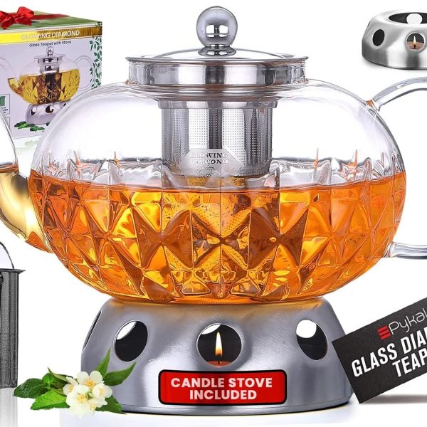 قوری شیشه ای Pykal Glass Tea Pot With Removable Infuser - 40 Oz - Candle Warmer Included - Glowing Diamond Teapot Also For Loose & Blooming Tea - Glass Kettle