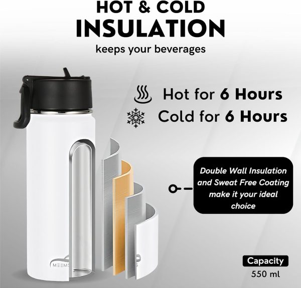 فلاسک MEEMS 550ml/18oz Double-Walled Insulated Flask with 2 Sturdy Lids and Straw, BPA-Free Stainless Steel Thermos – Keeps Liquid Hot/Cold for Up to 6-12 Hours, Leakproof Sports Vacuum Mug (White) - تصویر 7