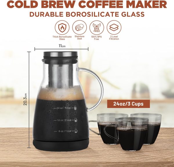 قهوه جوش L'île d'Asteria 24 Oz Cold Coffee Brew Maker, Cold Brew for Smooth Coffee Plus 15ml Scoop, Borosilicate Glass Pitcher & Stainless Steel Fine-Mesh Filter, Anti-Spill, 3 Cups Capacity, (7.2x11x20.3cm) - تصویر 6