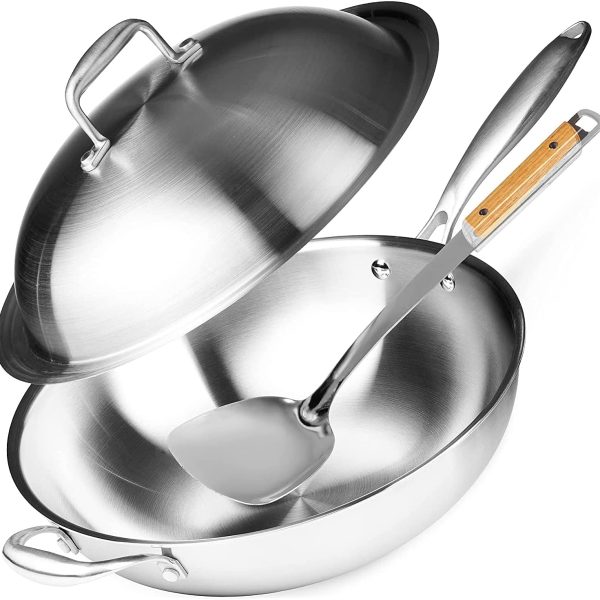 ماهی تابه وک Wok Pan - Non-Stick Stainless Steel Stir Fry Pans With Domed Lid & Bamboo Spatula - Scratch Proof Cookware For Gas, Induction Or Electric Stove