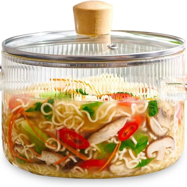 قابلمه Glass Cooking Pot with Lid, 1.6L(54oz) Heat Resistant Borosilicate Glass Cookware Stovetop Pot Set, Simmer Pot with Cover Safe for Soup, Milk