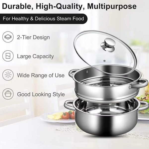 قابلمه AMERTEER 2-Tier Stainless Steel Steamer, 7-Inch Multi-Layer Boiler Pot with Handles on Both Sides, Cookware Pot with Glass Lid, Work with Gas, Electric, Grill Stove Top, Dishwasher Safe - تصویر 9