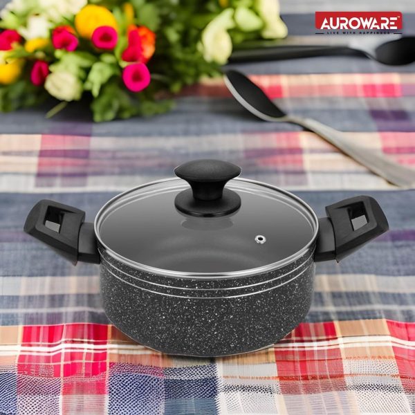سرویس قابلمه Auroware Non Stick 9 Pcs Cookware Set Black, Pressed Aluminum, Kitchen Induction ready, Dishwasher safe with Frying pan and Wooden tools - تصویر 9