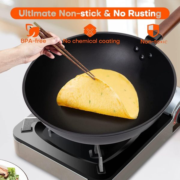 ماهی تابه وک Angju Carbon Steel Wok, 30cm Wok Pan with Lid and Spatula, Nonstick Woks and Stir-fry Pans, No Chemical Coated Flat Bottom Chinese Wok for Induction, Electric, Gas, All Stoves - تصویر 6