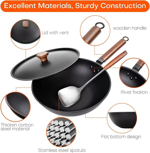 ماهی تابه وک Angju Carbon Steel Wok, 30cm Wok Pan with Lid and Spatula, Nonstick Woks and Stir-fry Pans, No Chemical Coated Flat Bottom Chinese Wok for Induction, Electric, Gas, All Stoves - تصویر 7