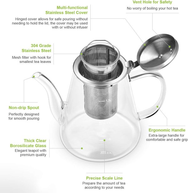 قوری شیشه ای Glass Teapot, Zpose 1200ml Teapot with Removable Loose Tea Infuser, Borosilicate Glass Tea Pot with Scale Line, Stovetop Safe Tea Kettle for Blooming Tea, Gift Box for Tea Maker - تصویر 5