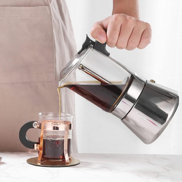 قهوه جوش  Moka Pot, Crystal Glass & Stainless Steel Stovetop Espresso Moka Pot, Espresso Maker, Classic Italian Coffee Maker for Home Coffee Shop Office, Easy to Clean (240ml) Brand: Jiawu - تصویر 5