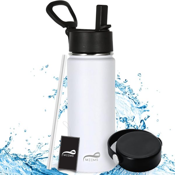 فلاسک MEEMS 550ml/18oz Double-Walled Insulated Flask with 2 Sturdy Lids and Straw, BPA-Free Stainless Steel Thermos – Keeps Liquid Hot/Cold for Up to 6-12 Hours, Leakproof Sports Vacuum Mug (White)
