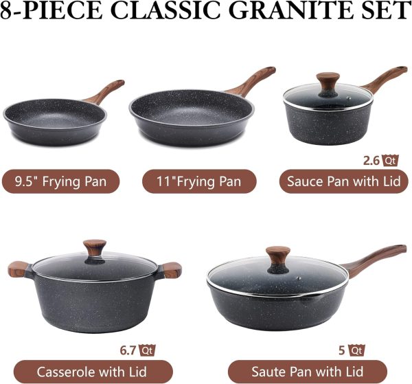 سرویس قابلمه SENSARTE Cookware Set, 8-Piece Pots and Pans with Lid, Stay-Cool Handle, Induction Compatible Healthy Granite Kitchen Cookware Set with Swiss nonstick Coating, PFOA free - تصویر 5