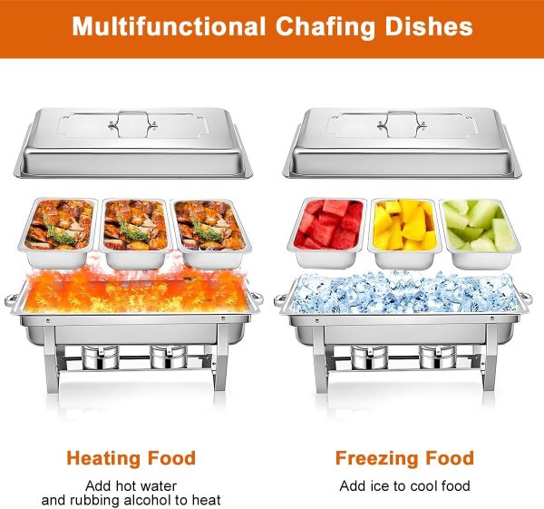 استند وامردار Chafing Dish Buffet Set 11L Catering Server Chafer Food Warmer, Stainless Steel Rectangular Buffet Stove with 3pcs 1/3 Size Food Pans Lid Serving Dishes for Restaurant Wedding Party Hotel Chef Buffet - تصویر 8