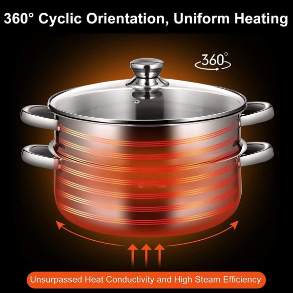 قابلمه AMERTEER 2-Tier Stainless Steel Steamer, 7-Inch Multi-Layer Boiler Pot with Handles on Both Sides, Cookware Pot with Glass Lid, Work with Gas, Electric, Grill Stove Top, Dishwasher Safe - تصویر 6
