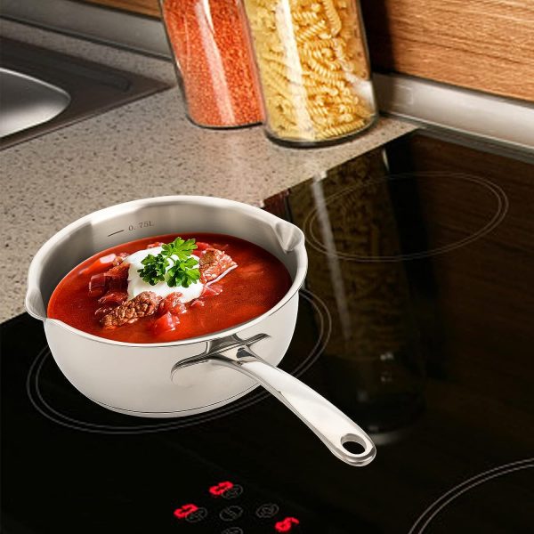 شیرجوش DEAYOU 18/10 Stainless Steel Butter Warmer Pan, 0.8-Quart Measuring Saucepan with Dual Pour Spout, Small Milk Butter Melting Pot, Induction Heavy Bottom Sauce Pan for Stove Top, Soup, Chocolate, 25OZ - تصویر 6