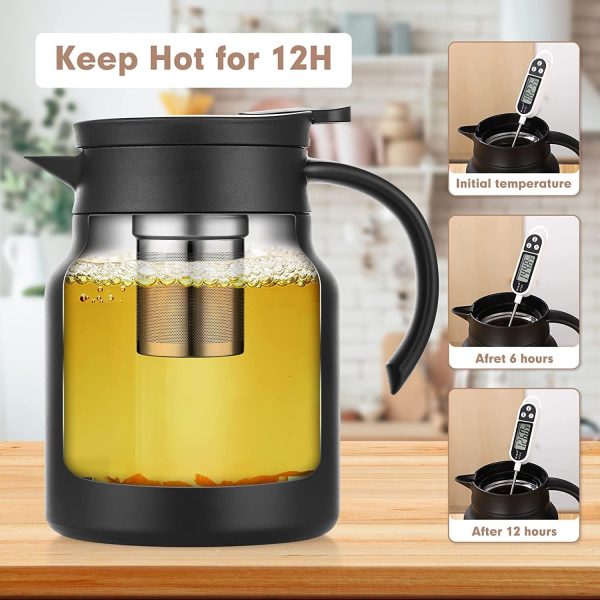 فلاسک Tea Pot with Temperature Display and Strainers, Stainless Steel Flasks for Hot Drinks, Coffee, Tea, Beverage, 800ML (Black) - تصویر 8