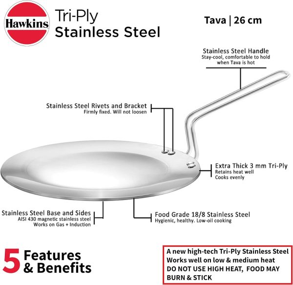 ماهی تابه Hawkins Tri-Ply Stainless Steel Tava 26 cm, 3.5mm Induction Compatible - تصویر 8