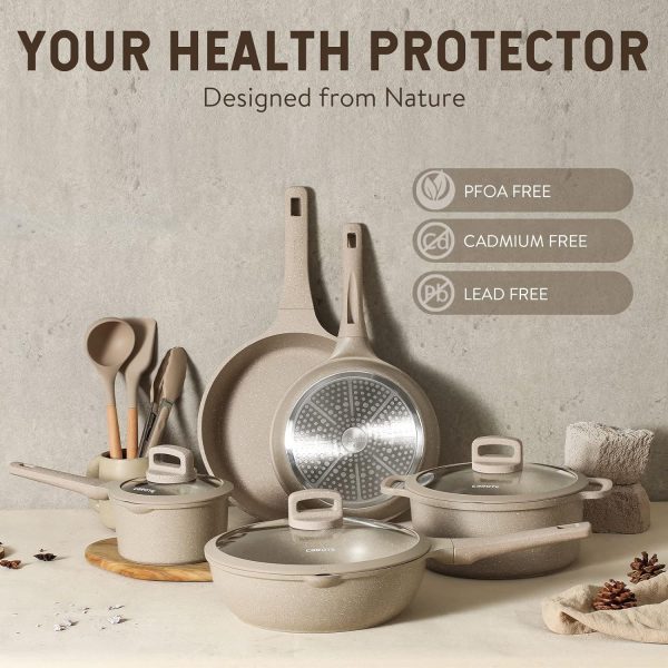 سرویس قابلمه CAROTE Non Stick Pots and Pans Set, 11 Pcs Induction Cookware Set, Stackable Kitchen Cookware, Pans for Cooking, Taupe Granite - تصویر 7